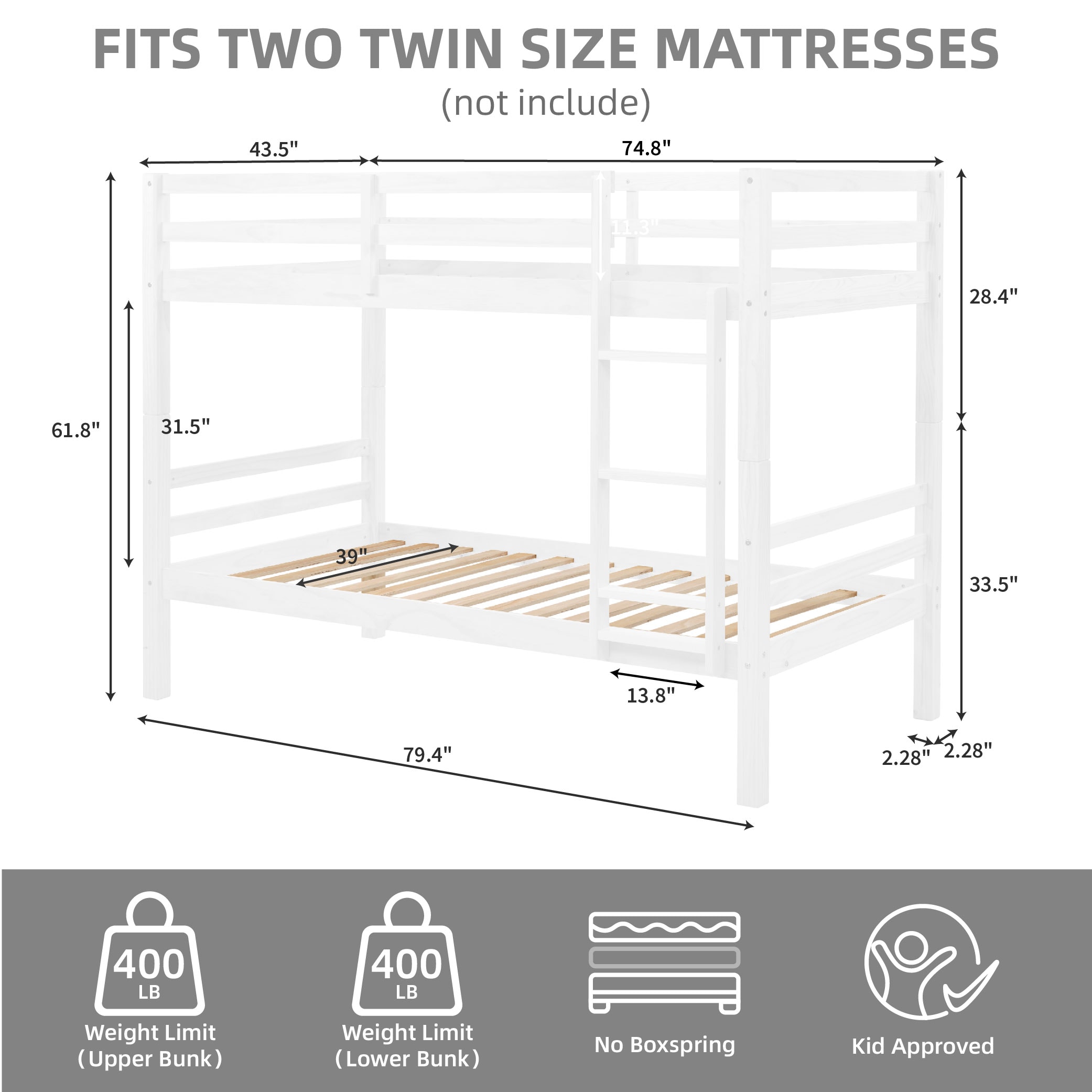 Twin Over Twin Bunk Bed With Thick Posts,Wooden Bunk Bed With High Guardrail And Ladder For Kids, Teens, Dorm Rooms, And Guest Rooms,No Box Spring Needed,White_voghion.com